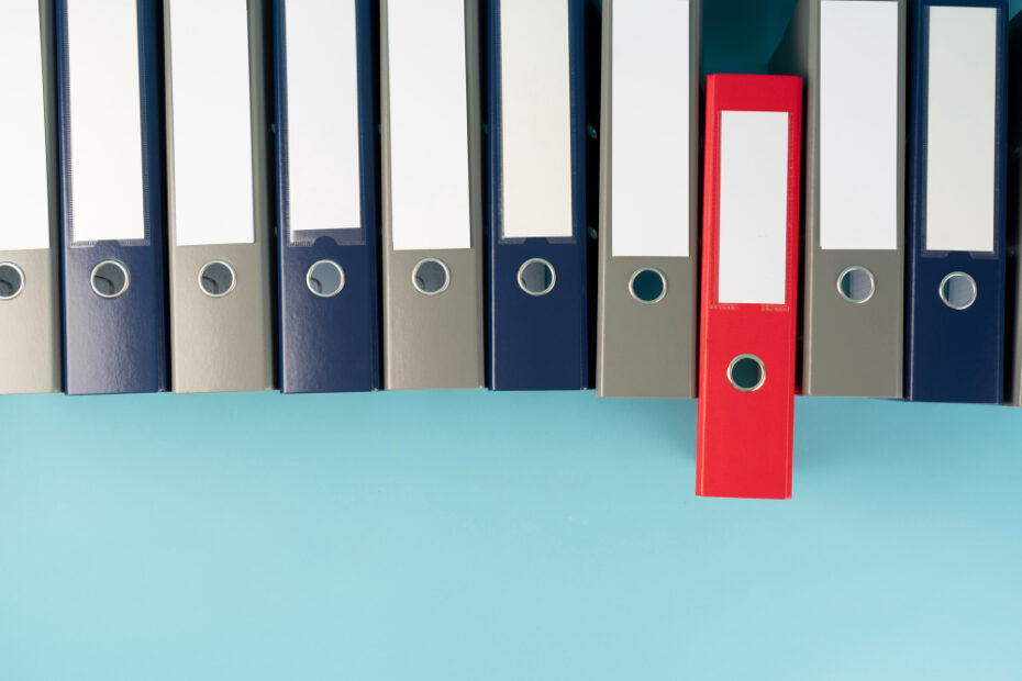 An image of a row of files or binders neatly arranged on a shelf, mostly in blue and gray colors, except for one prominent red binder. Each binder has a label space for writing titles. The light blue background highlights the organization and orderly arrangement of the files.