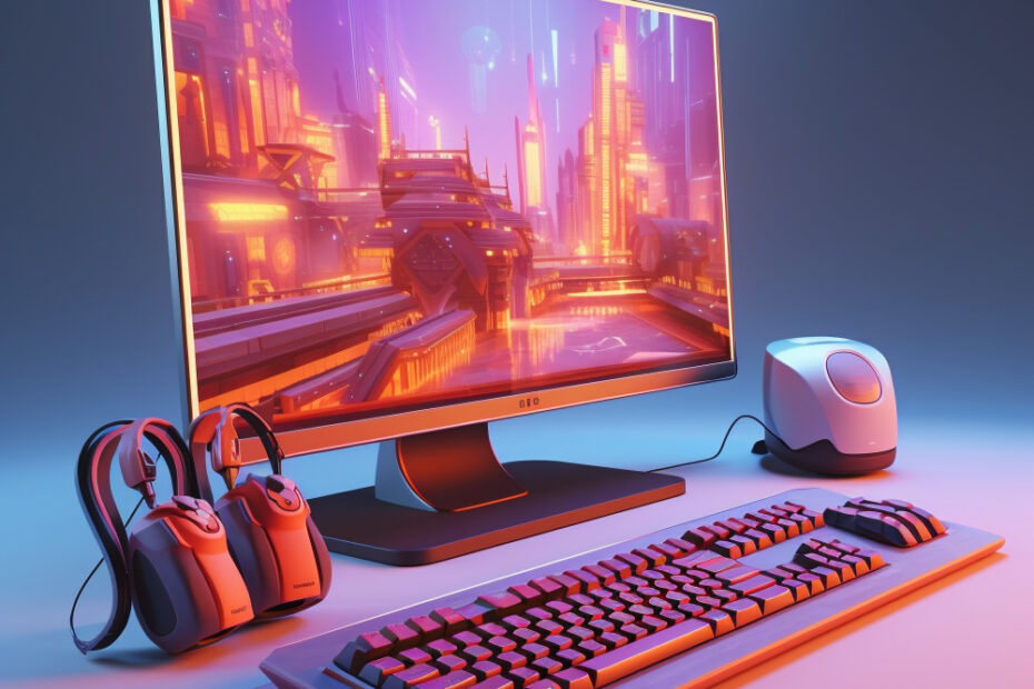 A modern desktop computer setup featuring a large monitor displaying a vibrant, futuristic cityscape with neon colors. The setup includes a sleek keyboard, a stylish mouse, and a pair of high-quality headphones resting on stands. The scene is illuminated with a blend of blue and orange lighting, creating a high-tech, immersive atmosphere.