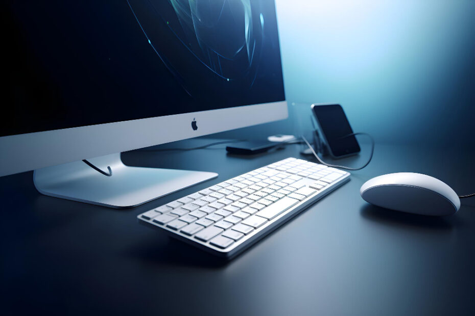 A sleek, modern desktop computer setup featuring an Apple iMac with a minimalist design. The setup includes a white wireless keyboard and mouse placed on a clean, dark desk. A smartphone is docked in a stand beside the computer, with cables neatly organized. The screen displays a faint futuristic graphic, and the lighting in the scene is soft with a cool blue hue, creating a calm and focused work environment.