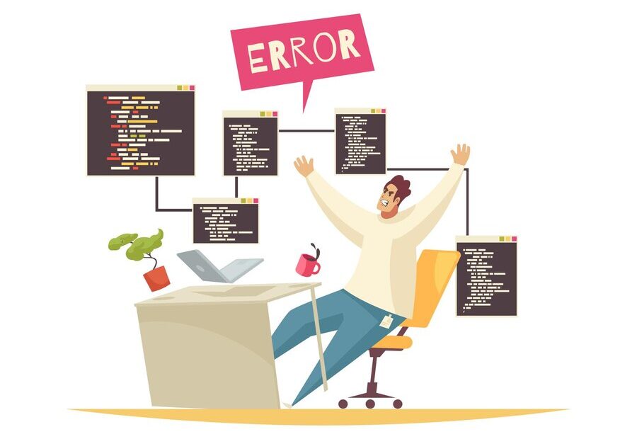 Programmer composition with doodle character of distracted programmer got error in his code vector illustration