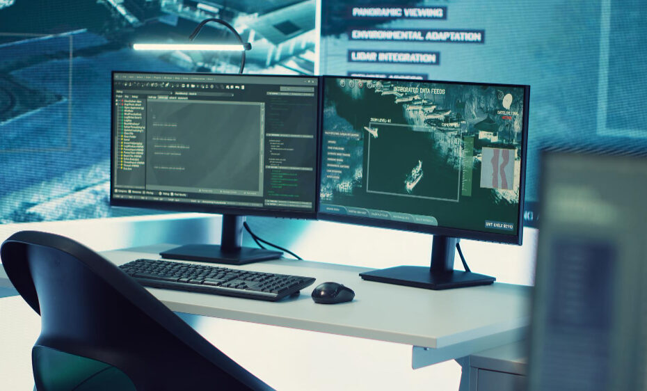 A modern workstation setup featuring two widescreen monitors on a sleek desk. The screens display software development and testing tools, with one screen showing code and the other displaying a map interface or data feed visualization. The environment has a high-tech, professional feel, emphasizing software testing or development work. The background includes a large digital screen, adding to the advanced technological atmosphere.