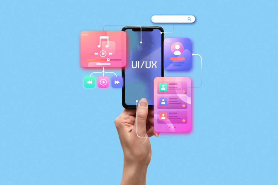 A hand holding a phone case with the words UI/UX