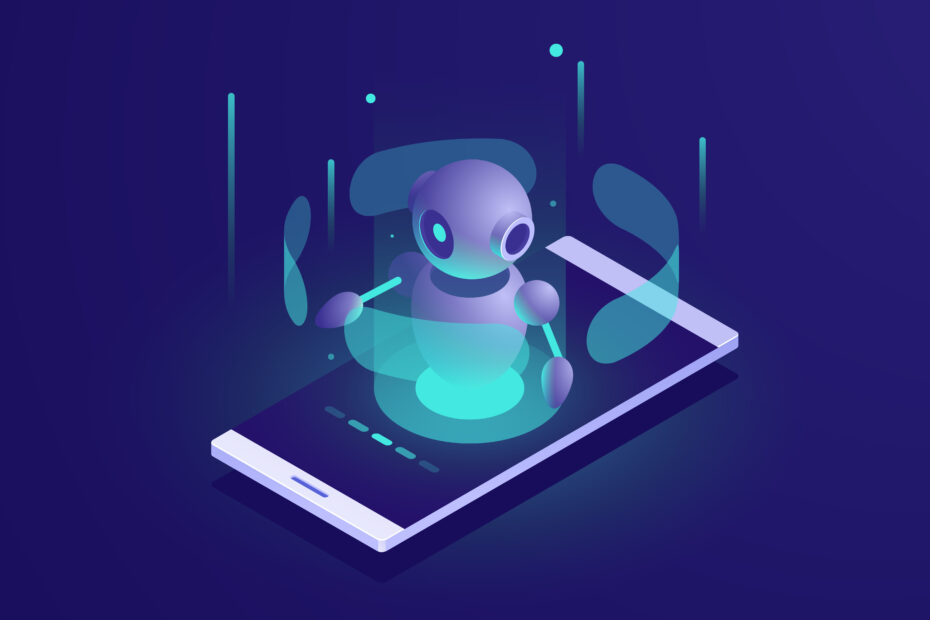 Futuristic illustration of AI assistance featuring a glowing, purple robot emerging from a smartphone screen, surrounded by digital holographic elements.