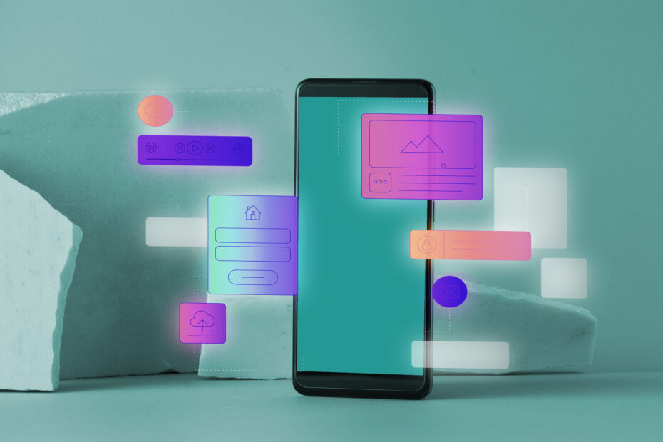 A futuristic illustration of a smartphone with glowing UI elements representing app development, symbolizing the work of app developers in creating modern, user-friendly mobile applications.