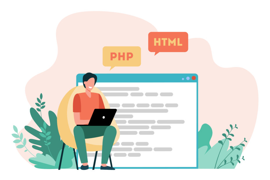 Developer writing code for website. Laptop, computer, designer flat vector illustration. Coding and programming concept for banner, website design or landing web page