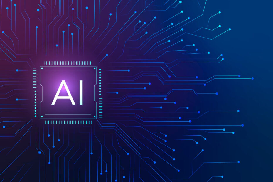 Abstract illustration of AI technology featuring a glowing microchip labeled "AI" with circuit lines extending outward on a dark blue background, symbolizing the advanced algorithms and connectivity behind AI detector tools used for ensuring content authenticity and accountability.