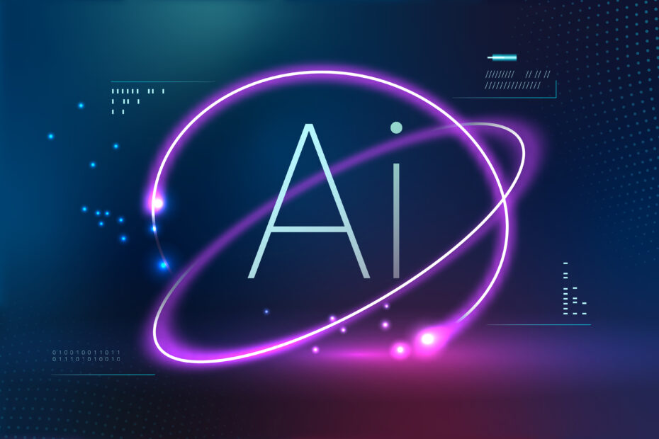 A futuristic digital illustration representing AI development services, featuring the letters "AI" in the center with glowing neon pink and purple swirling lines around it. The dark blue background includes abstract technology-inspired elements, binary code, and small glowing dots, symbolizing innovation and artificial intelligence advancements.