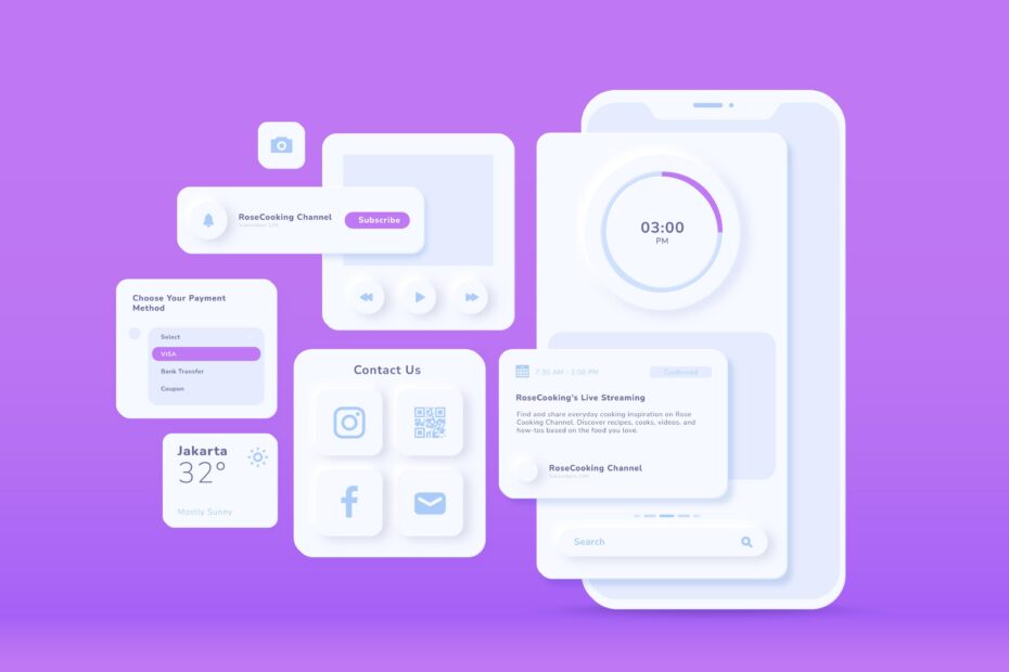 Illustration showcasing various modern UI elements like buttons, forms, sliders, and social media icons on a purple background, representing the versatility and design potential of UI component libraries for building responsive and interactive applications.