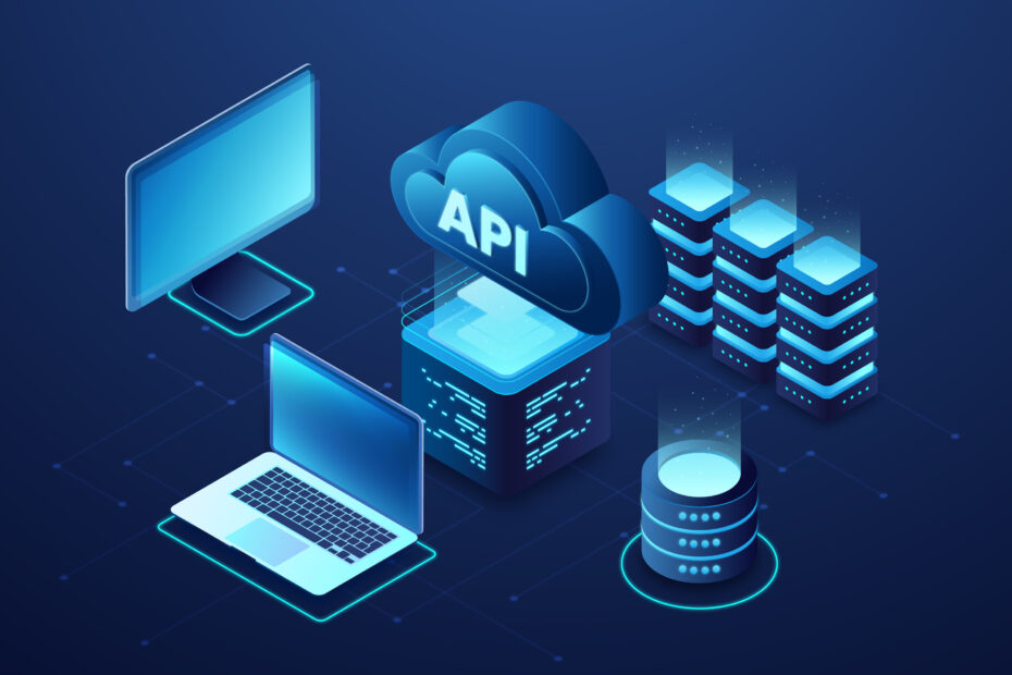 Illustration of cloud-based technology representing public APIs, with interconnected devices including a computer monitor, laptop, servers, and a database, all linked to a central cloud labeled "API" on a dark blue background.