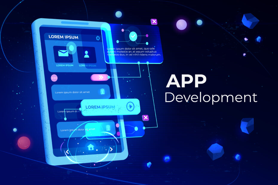 Futuristic digital illustration of Progressive Web App development, featuring a glowing smartphone interface with UI elements, icons, and interactive components floating in a dark, space-themed background. The text "APP Development" is displayed prominently, emphasizing the concept of modern app creation and design.