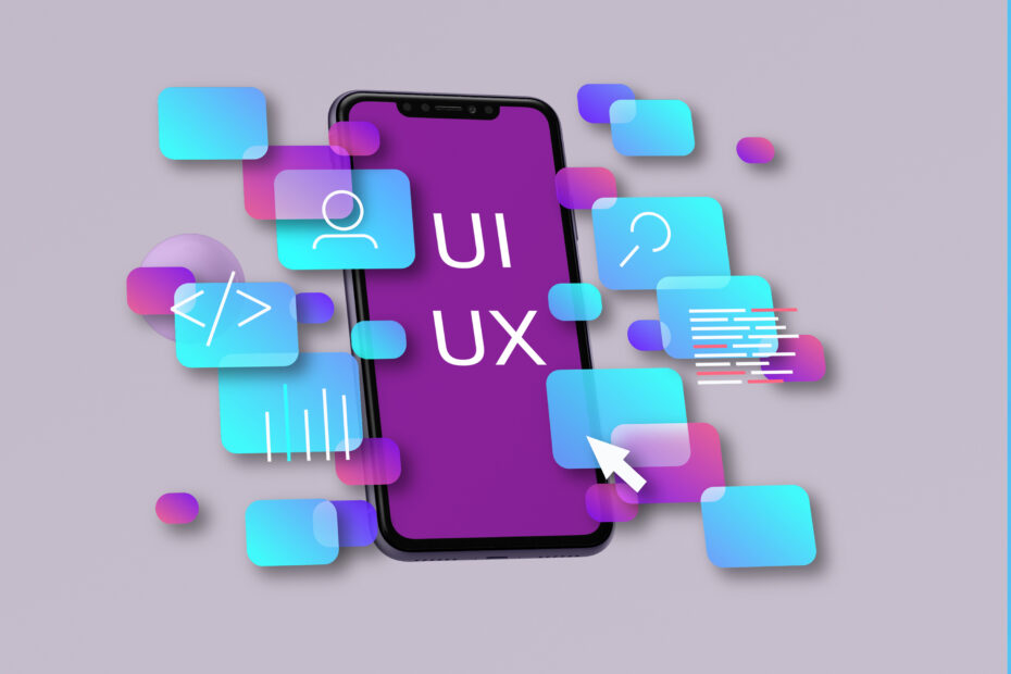 A 3D-rendered illustration of a smartphone with "UI UX" displayed on its screen, surrounded by floating icons and interface elements representing design, coding, and accessibility. The vibrant blue and purple color scheme symbolizes modern Flutter software development for creating seamless and engaging user experiences across multiple platforms.