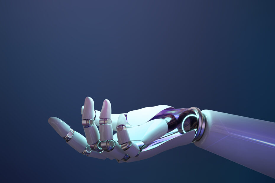 A futuristic robotic hand with a sleek, metallic design extending forward against a dark blue background, symbolizing AI and advanced technology. Represents the innovation behind DeepSeek, an AI-powered search platform revolutionizing information retrieval.