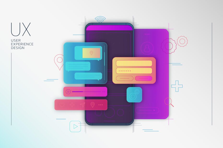 Abstract digital illustration of user experience (UX) design, featuring a smartphone interface with colorful, floating UI elements such as chat bubbles, form fields, icons, and media controls, representing modern UX/UI design concepts