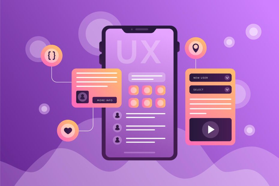 Illustration of a mobile interface with UX design elements like menus, icons, and forms, representing modern trends in UX Design in 2025 including microinterfaces and user-focused interaction.